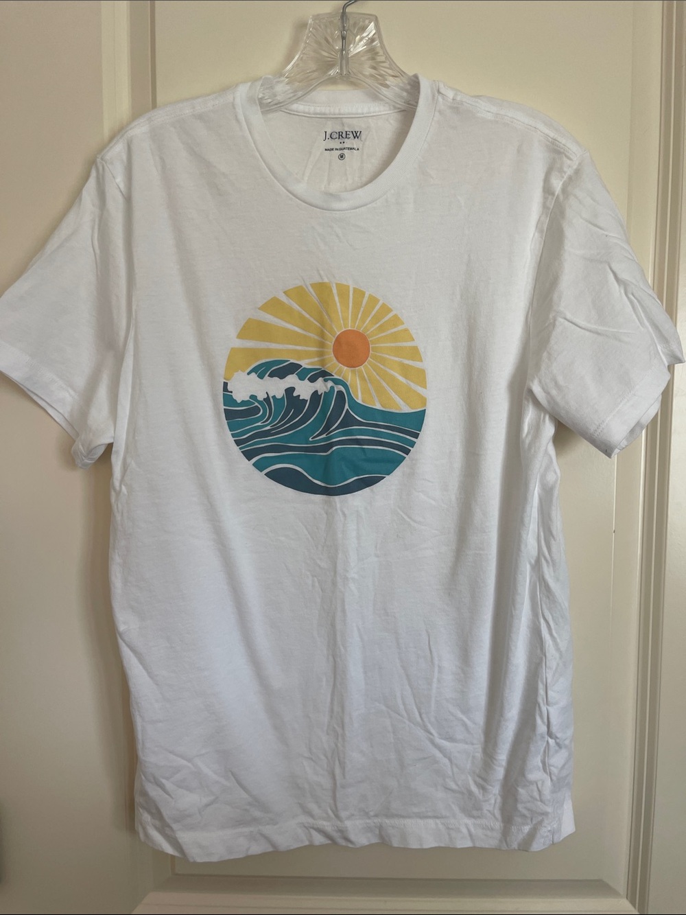 J. Crew White Graphic Tee with Teal Wave and Yellow Sun never worn